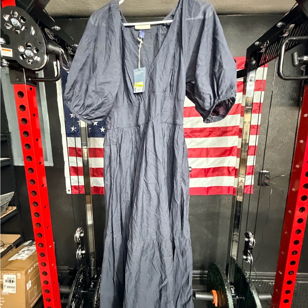 Lightweight Navy Puff Sleeve Maxi Dress